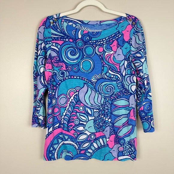 Lilly Pulitzer Alida Boatneck Sea Jewels Top Womens Medium Preppy Pink Blue - Picture 2 of 7